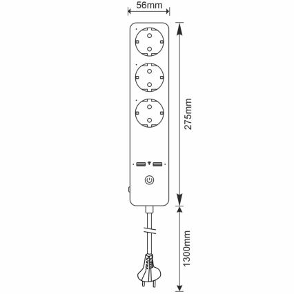 Jatkojohto SMART kytkimellä 1,5m + 2xUSB/Wi-Fi Tuya SCHUKO