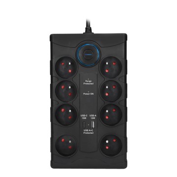 Jatkojohto virtakytkimellä 8Z Tyyppi E + 1xUSB-A + 1xUSB-C 2m musta