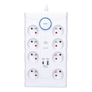 Jatkojohto virtakytkimellä 8Z Tyyppi E + 1xUSB-A + 1xUSB-C 2m valkoinen