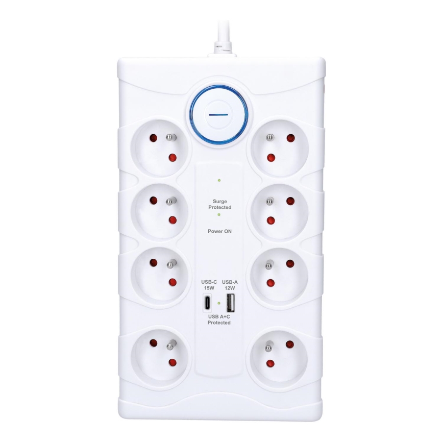 Jatkojohto virtakytkimellä 8Z Tyyppi E + 1xUSB-A + 1xUSB-C 2m valkoinen