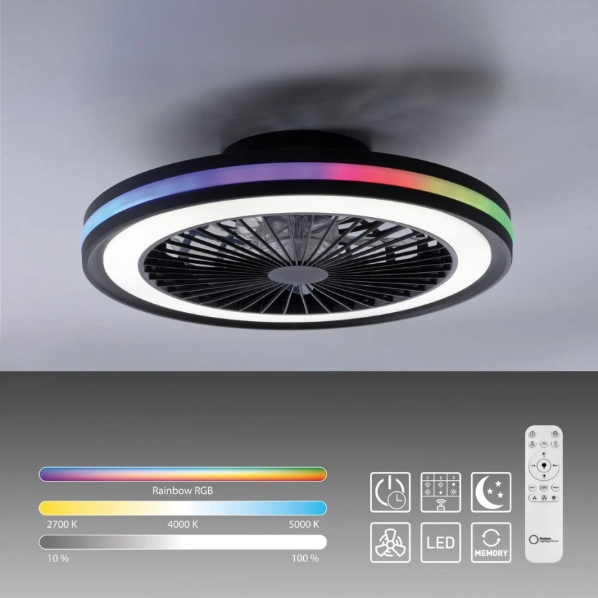 JUST LIGHT. 14649-18 - LED RGBW himmennettävä kattotuuletin valolla BRANDON LED/36W/230V 2700-5000K halkaisija 46,5 cm musta + kaukosäädin