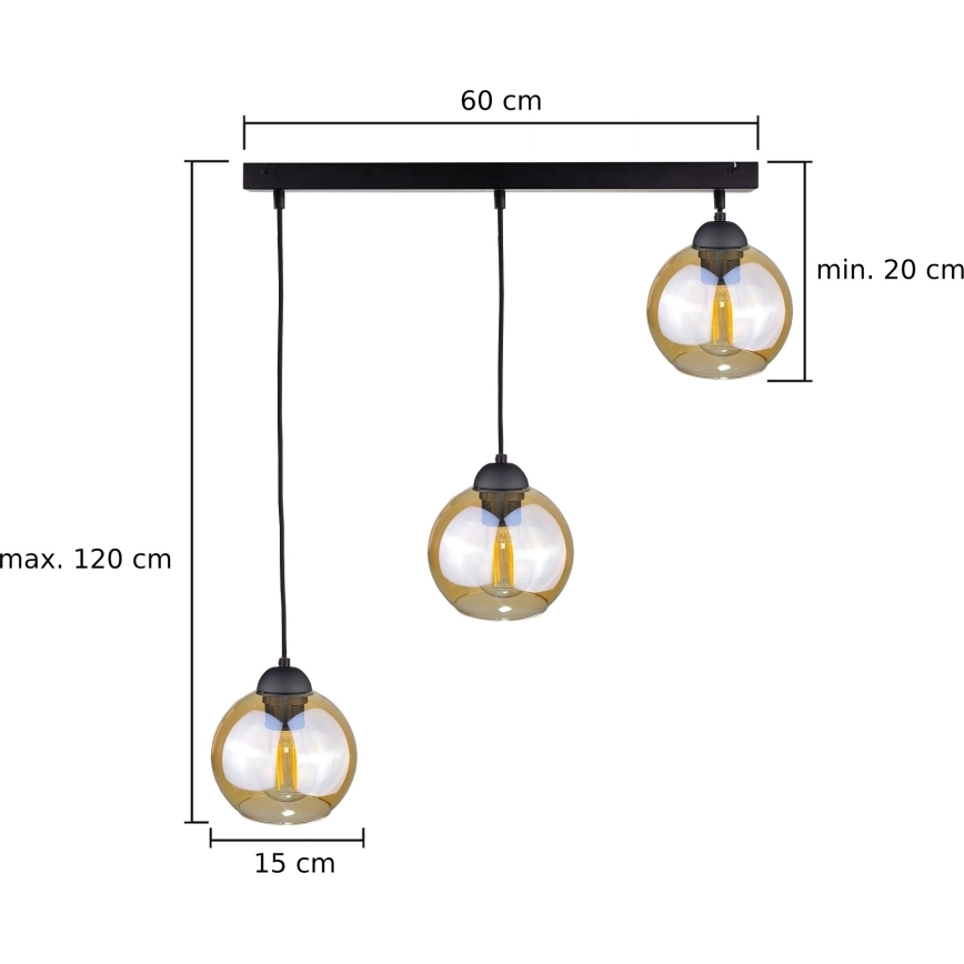 Kattokruunu johdossa AMBRE BLACK 3xE27/60W/230V musta/savuinen ruskea