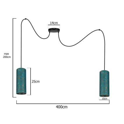 Kattokruunu johdossa AVALO 2xE27/60W/230V hämähäkki turkoosi/kulta