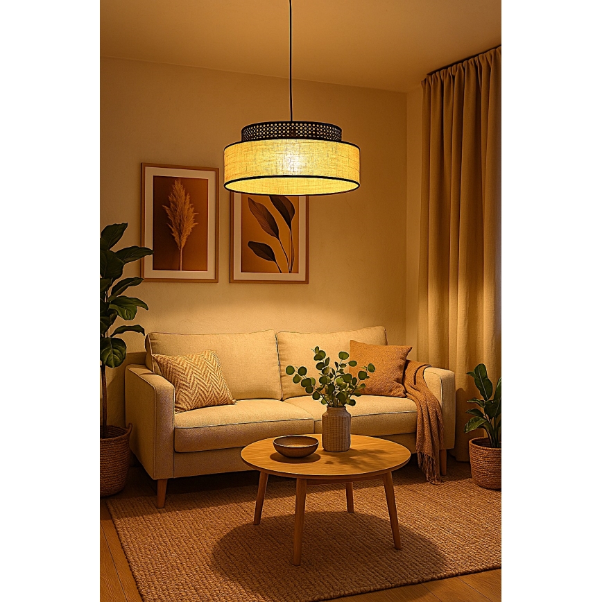 Kattokruunu johdossa BOHO 1xE27/60W/230V halkaisija 40 cm musta/rottinki