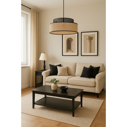 Kattokruunu johdossa BOHO 1xE27/60W/230V halkaisija 40 cm musta/rottinki