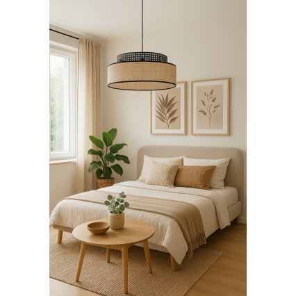 Kattokruunu johdossa BOHO 1xE27/60W/230V musta/rottinki