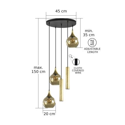 Kattokruunu johdossa CALYPSO 2xGU10/60W/230V + 3xE27/60W musta/kulta