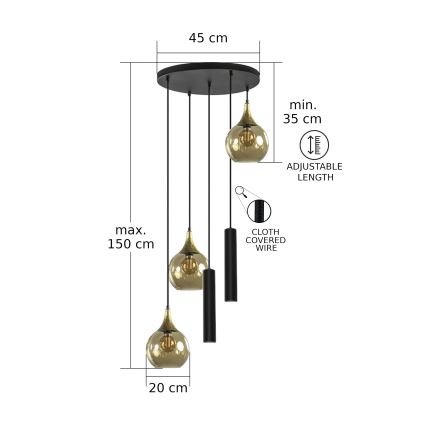 Kattokruunu johdossa CALYPSO 2xGU10/60W/230V + 3xE27/60W musta/kulta