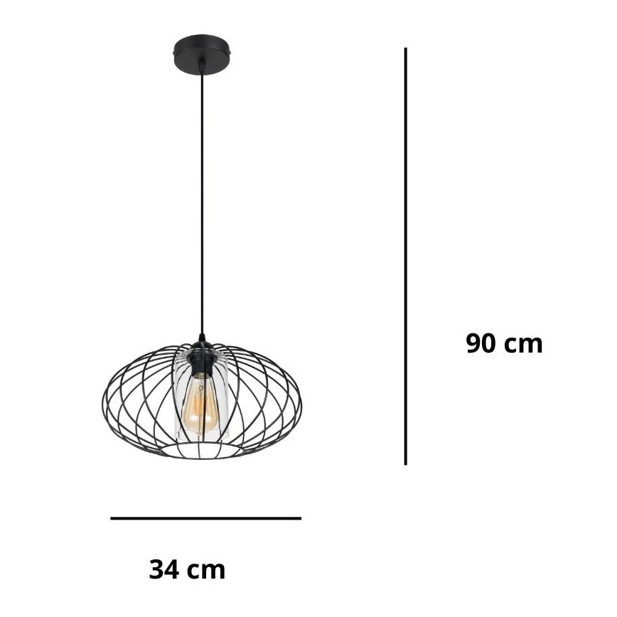 Kattokruunu johdossa CORRINI 1xE27/60W/230V halkaisija 34 cm musta/läpinäkyvä