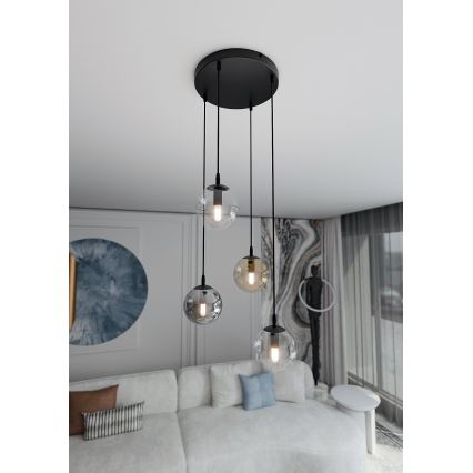 Kattokruunu johdossa COSMO 4xE14/10W/230V halkaisija 40 cm musta/harmaa/beige/läpinäkyvä
