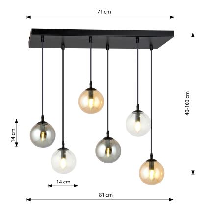 Kattokruunu johdossa COSMO 6xE14/10W/230V musta/harmaa/beige/läpinäkyvä
