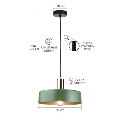 Kattokruunu johdossa HAKI 1xE27/60W/230V vihreä/musta/kiiltävä kromi