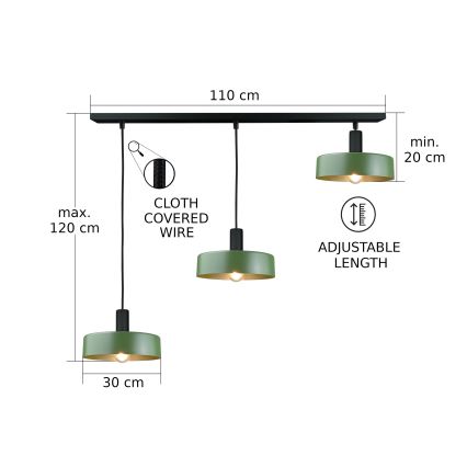 Kattokruunu johdossa HAKI 3xE27/60W/230V vihreä/musta