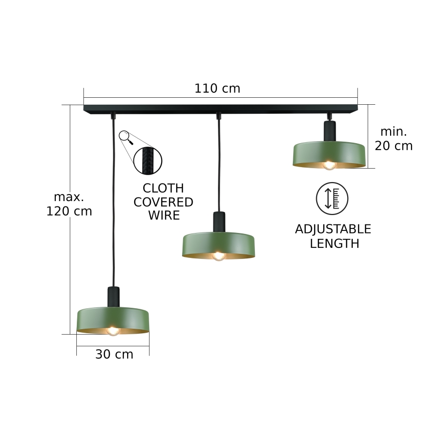 Kattokruunu johdossa HAKI 3xE27/60W/230V vihreä/musta