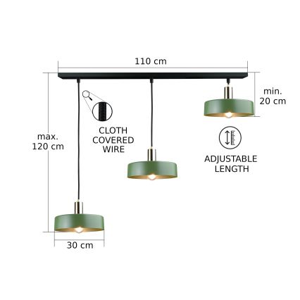 Kattokruunu johdossa HAKI 3xE27/60W/230V vihreä/musta/kiiltävä kromi