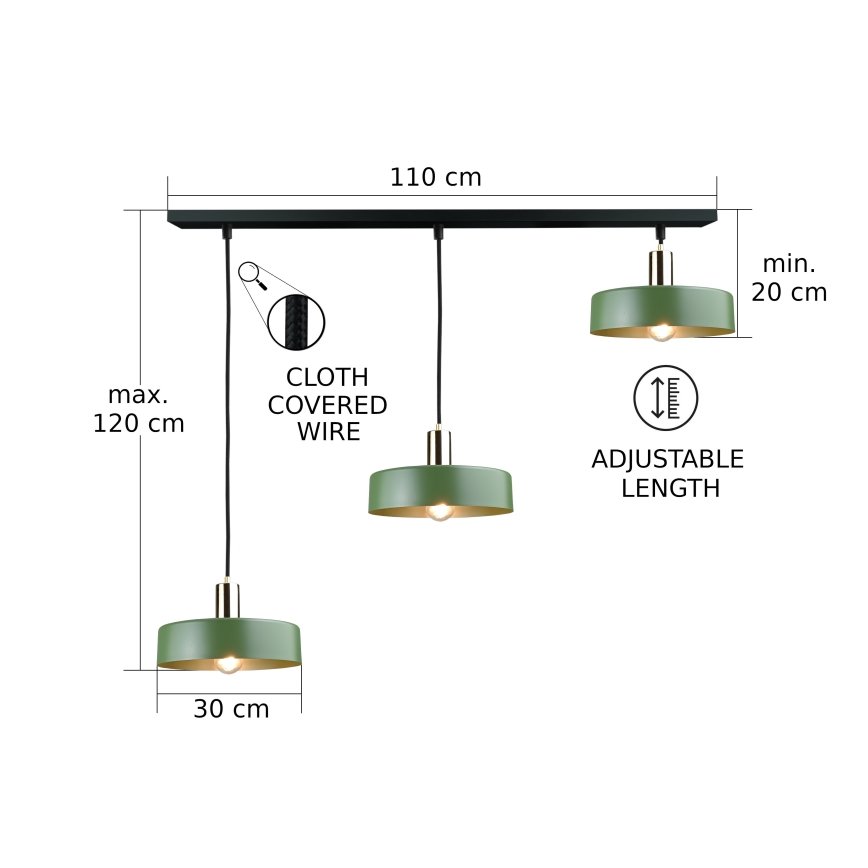 Kattokruunu johdossa HAKI 3xE27/60W/230V vihreä/musta/kiiltävä kromi