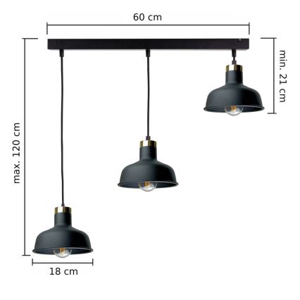 Kattokruunu johdossa HEBE 3xE27/60W/230V musta