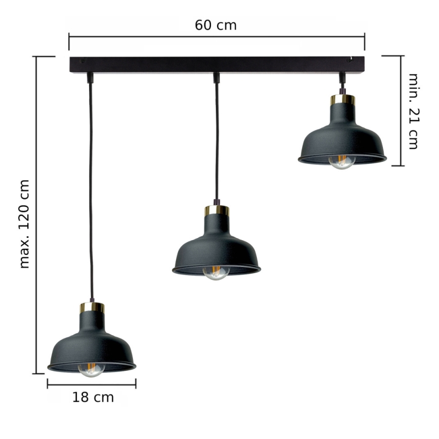 Kattokruunu johdossa HEBE 3xE27/60W/230V musta
