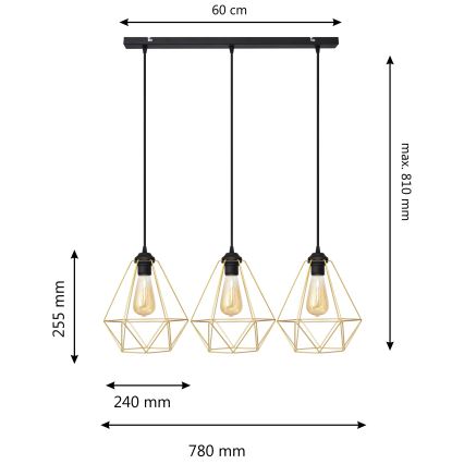 Kattokruunu johdossa KARO 3xE27/15W/230V kulta/musta