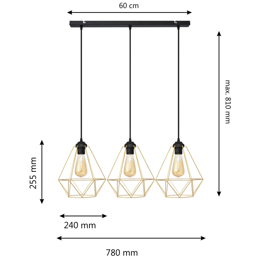 Kattokruunu johdossa KARO 3xE27/15W/230V kulta/musta
