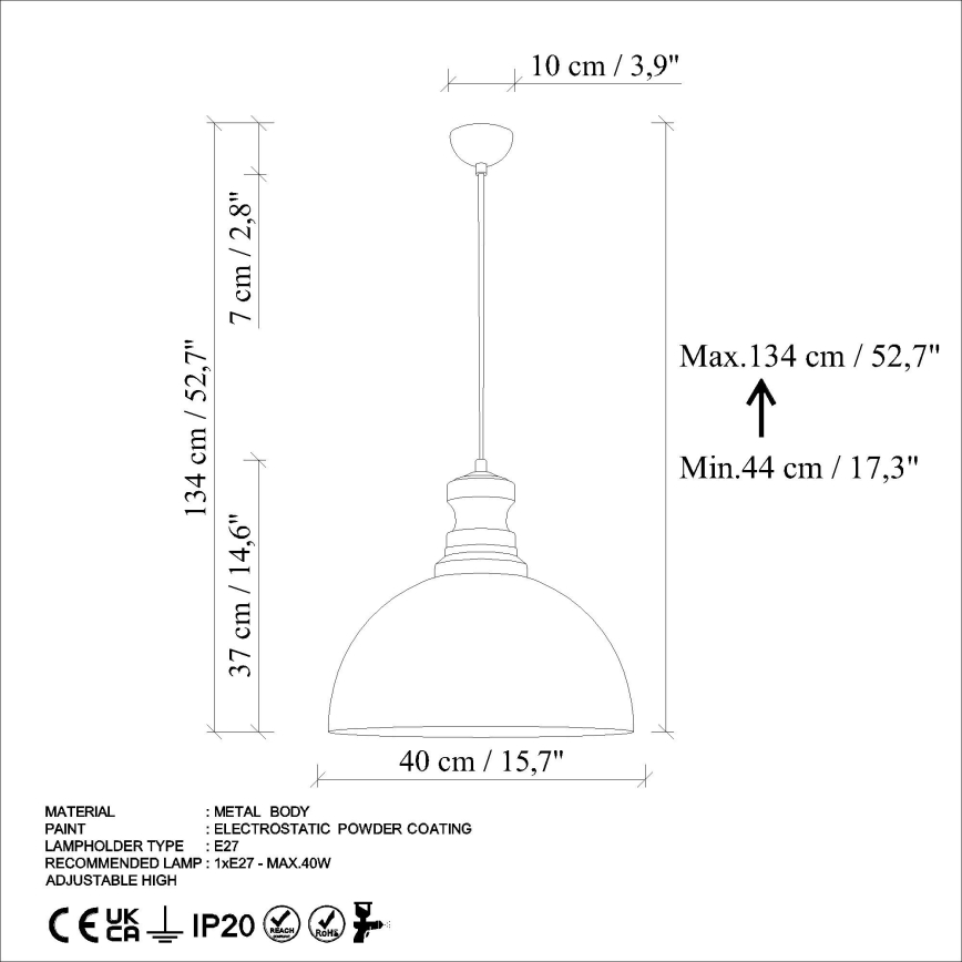 Kattokruunu johdossa KURE 1xE27/40W/230V halkaisija 40 cm harmaa