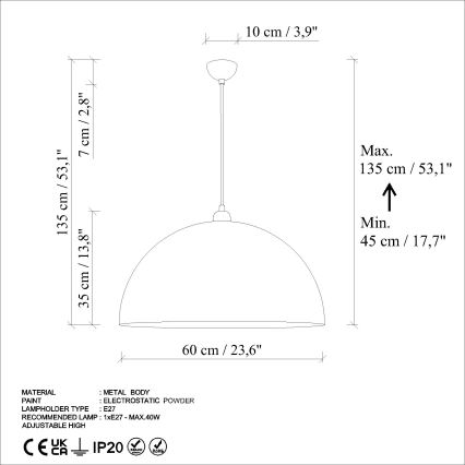 Kattokruunu johdossa KURE 1xE27/40W/230V halkaisija 60 cm harmaa
