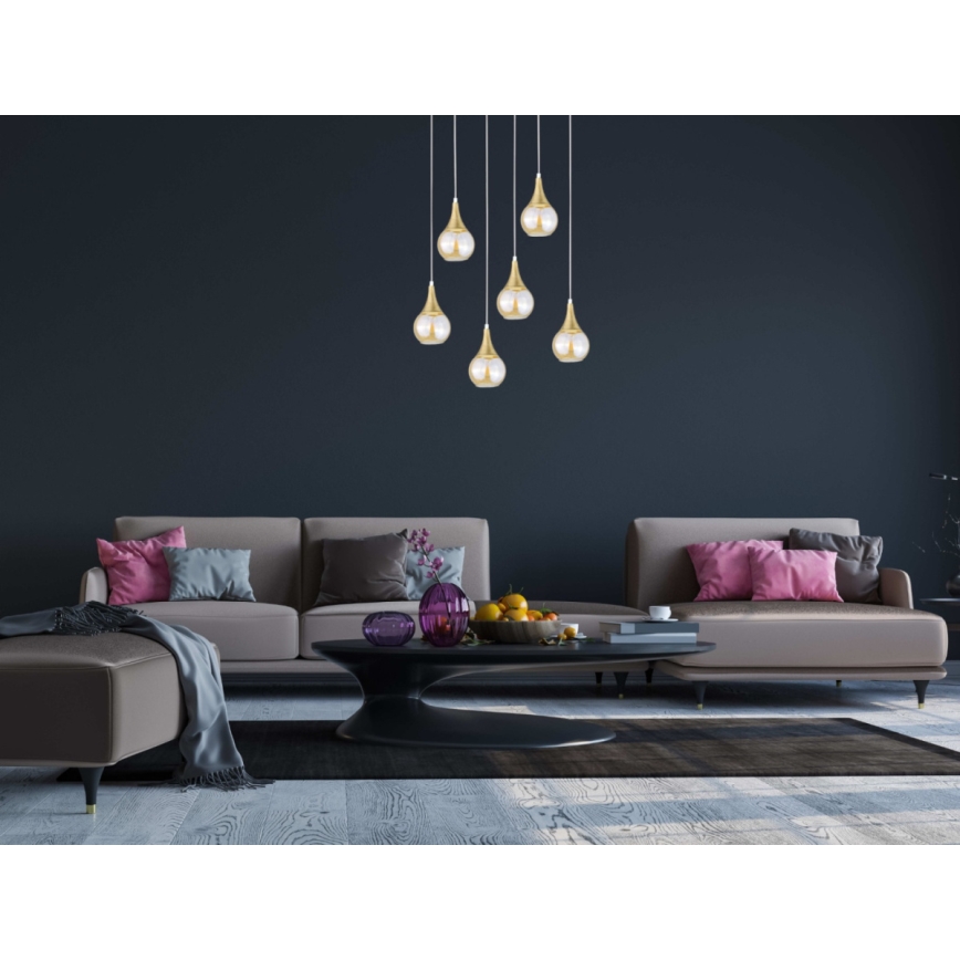 Kattokruunu johdossa LACRIMA HONEY 6xE27/60W/230V valkoinen/kulta/savuinen beige