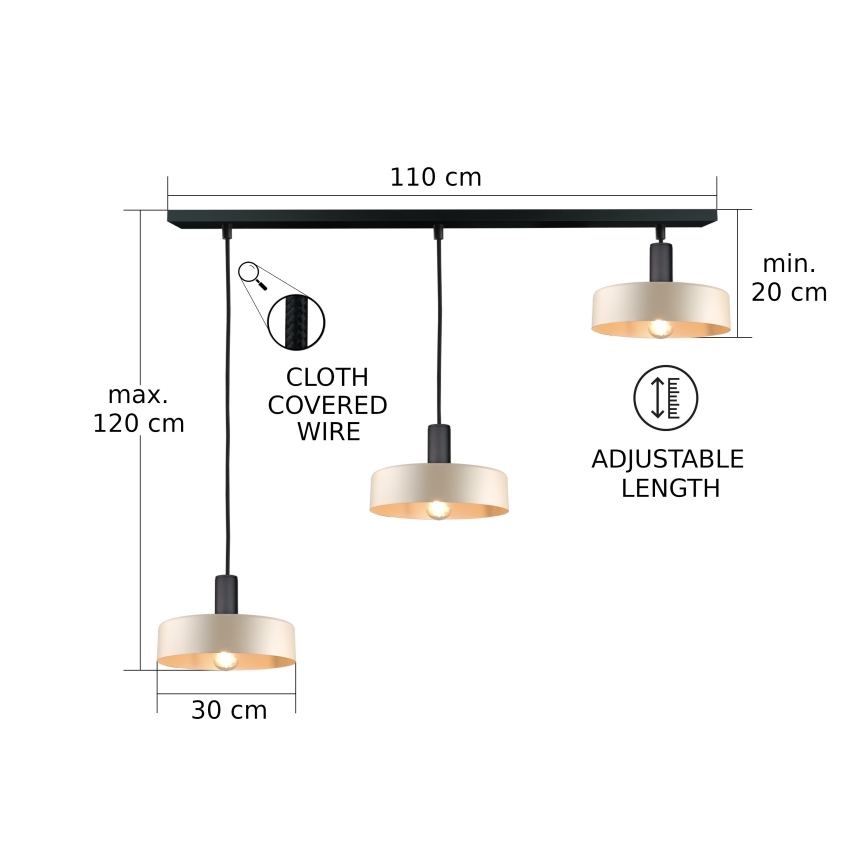 Kattokruunu johdossa LATTE 3xE27/60W/230V beige/musta