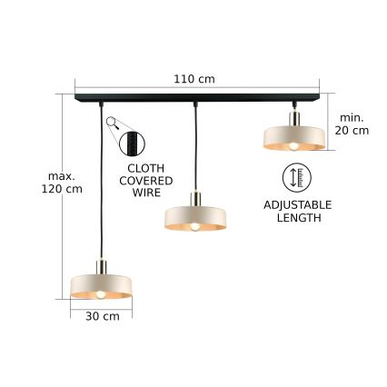 Kattokruunu johdossa LATTE 3xE27/60W/230V beige/musta/kiiltävä kromi