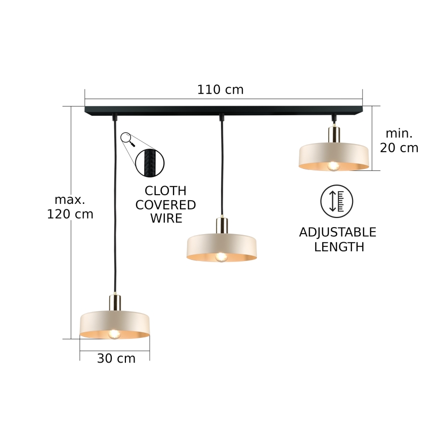 Kattokruunu johdossa LATTE 3xE27/60W/230V beige/musta/kiiltävä kromi