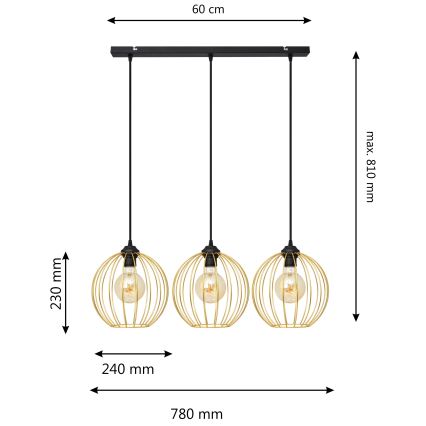 Kattokruunu johdossa MERCURE 3xE27/15W/230V kulta/musta