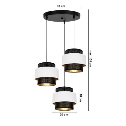 Kattokruunu johdossa NESS 3xE27/60W/230V halkaisija 45 cm musta/valkoinen