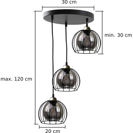 Kattokruunu johdossa SOLO BLACK 3xE27/60W/230V musta/kultainen