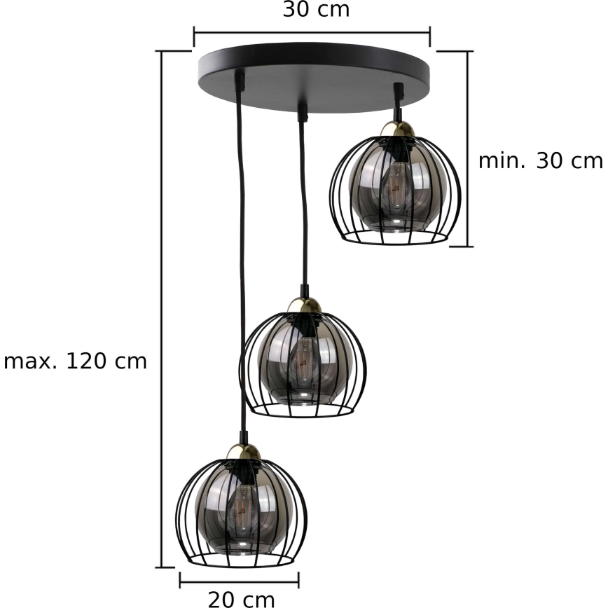 Kattokruunu johdossa SOLO BLACK 3xE27/60W/230V musta/kultainen