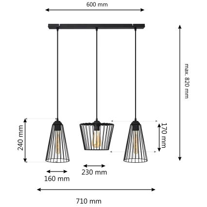 Kattokruunu johdossa TORRI 3xE27/15W/230V musta