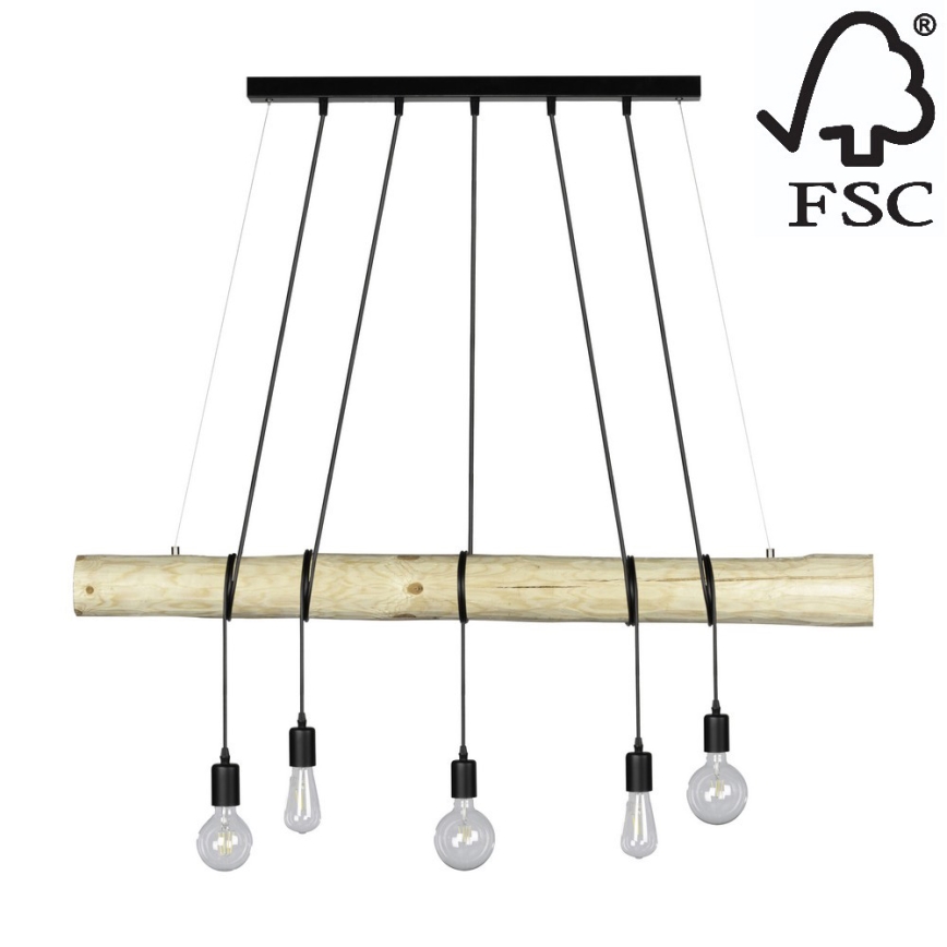Kattokruunu johdossa TRABO 5xE27/60W/230V mänty - FSC-sertifioitu