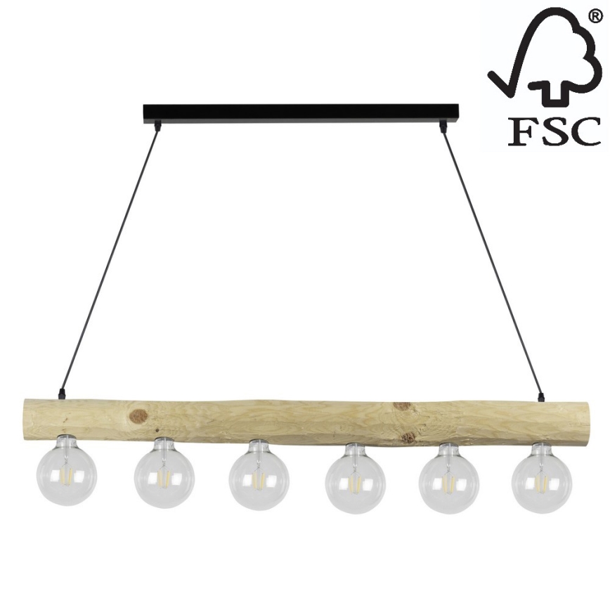 Kattokruunu johdossa TRABO 6xE27/60W/230V mänty - FSC-sertifioitu