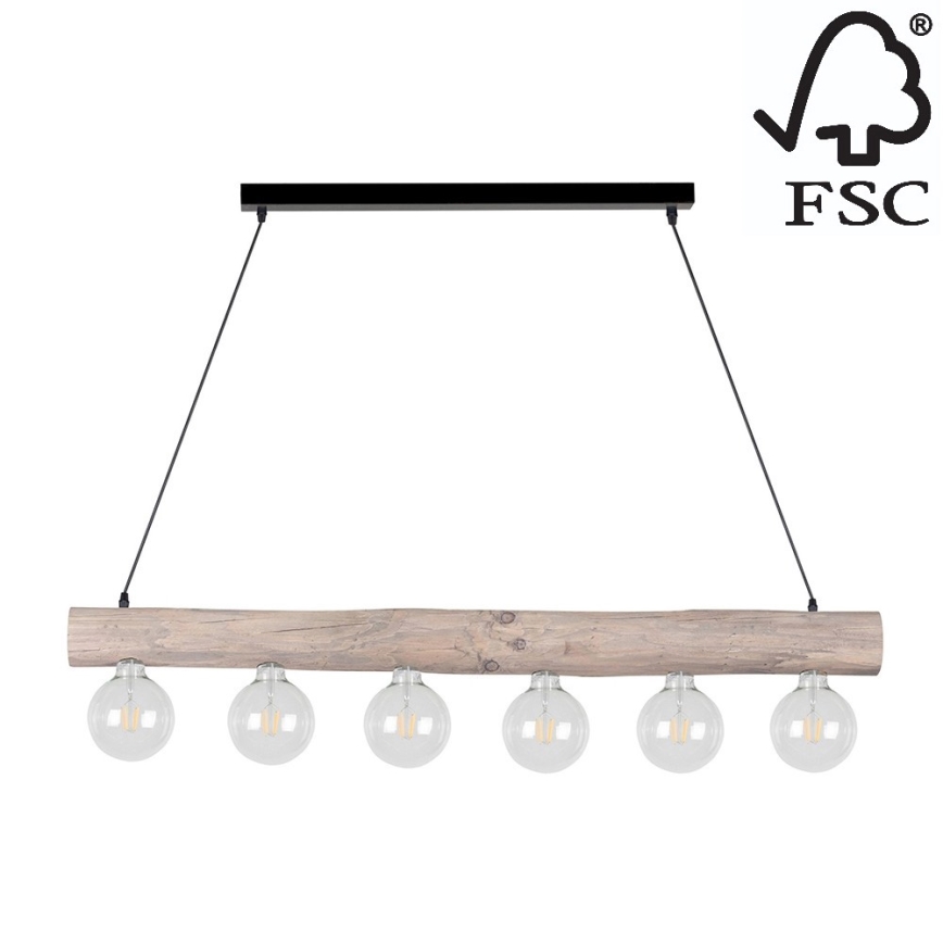 Kattokruunu johdossa TRABO 6xE27/60W/230V mänty - FSC-sertifioitu