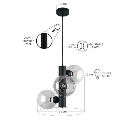 Kattokruunu johdossa TUBE 3xE27/60W/230V musta/läpinäkyvä