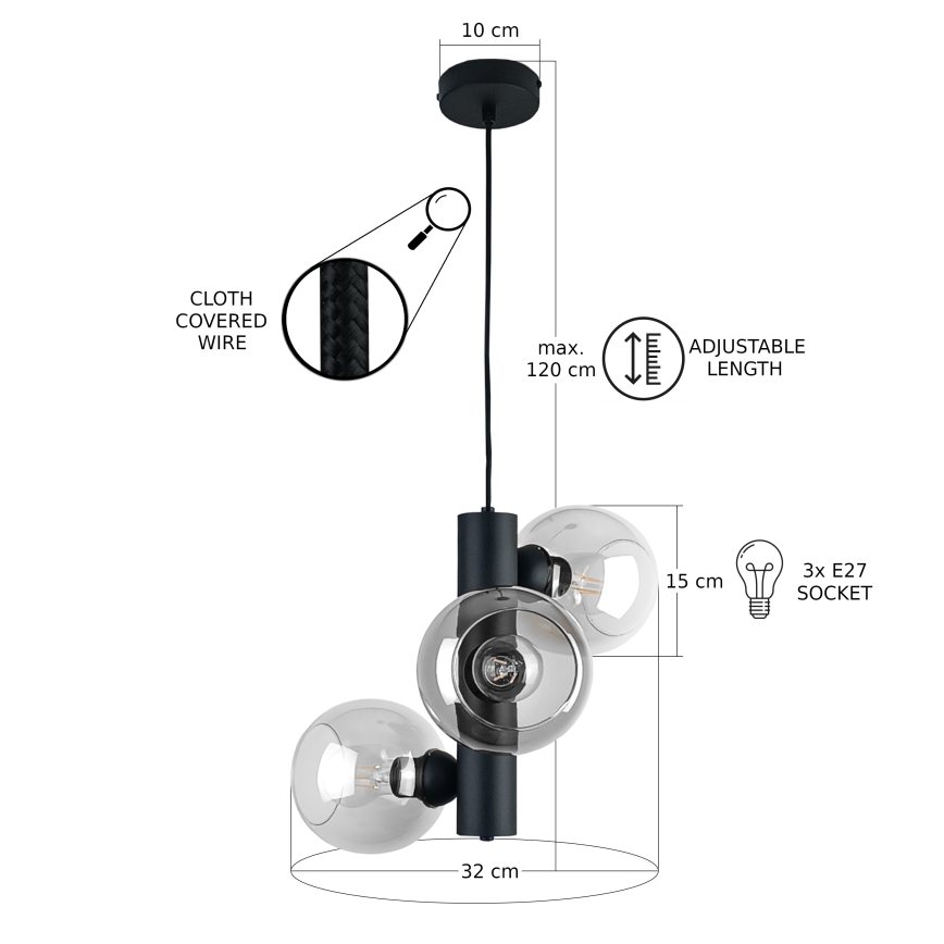 Kattokruunu johdossa TUBE 3xE27/60W/230V musta/läpinäkyvä