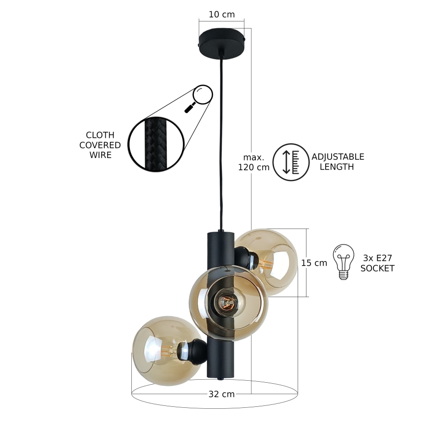 Kattokruunu johdossa TUBE 3xE27/60W/230V musta/savuinen beige