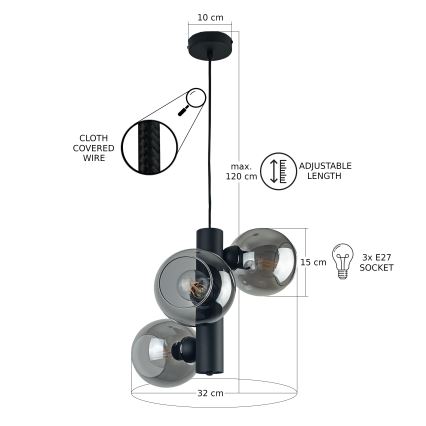 Kattokruunu johdossa TUBE 3xE27/60W/230V musta/savuinen musta