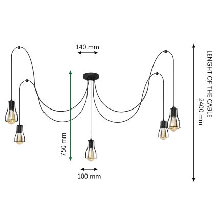 Kattokruunu johdossa TUBE LONG 5xE27/10W/230V musta