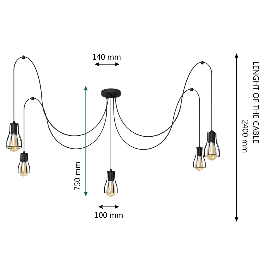 Kattokruunu johdossa TUBE LONG 5xE27/10W/230V musta