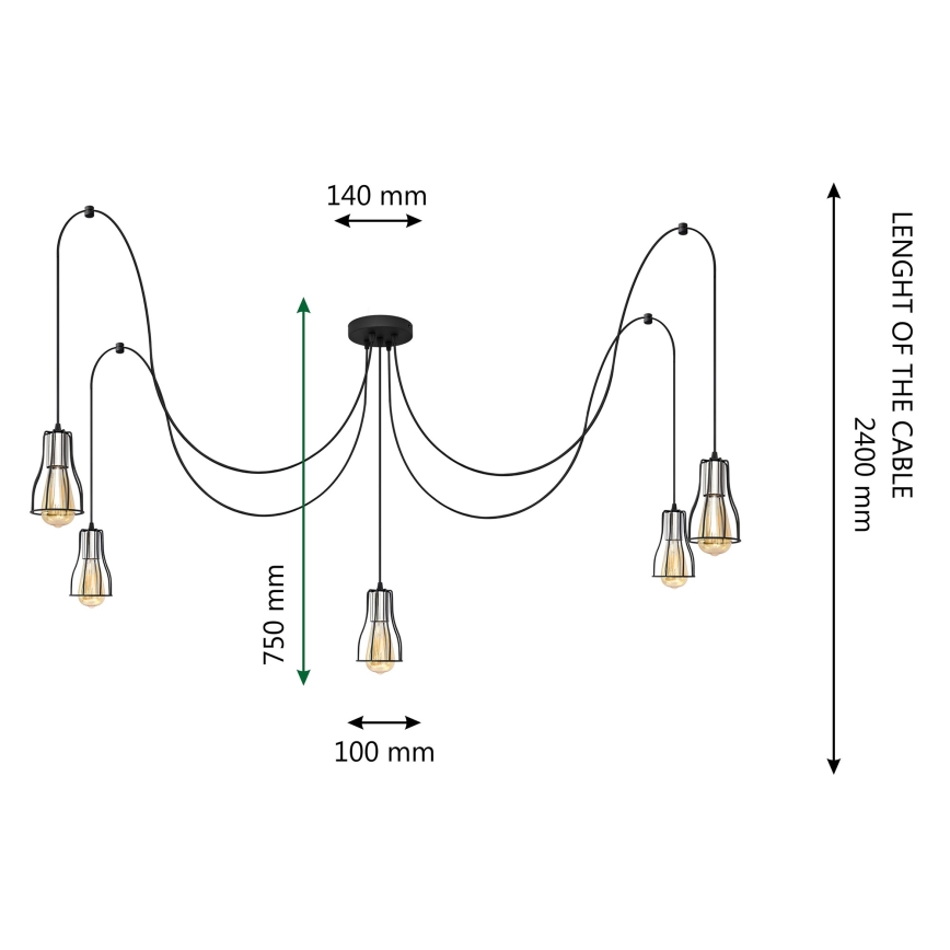 Kattokruunu johdossa TUBE LONG 5xE27/15W/230V musta/kiiltävä kromi