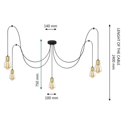 Kattokruunu johdossa TUBE LONG 5xE27/15W/230V musta/kulta