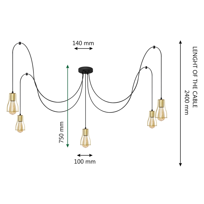 Kattokruunu johdossa TUBE LONG 5xE27/15W/230V musta/kulta