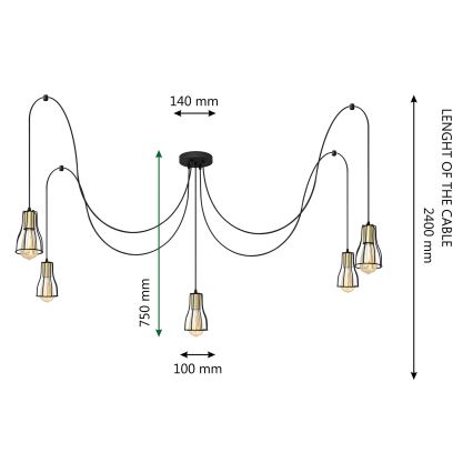 Kattokruunu johdossa TUBE LONG 5xE27/15W/230V musta/kulta