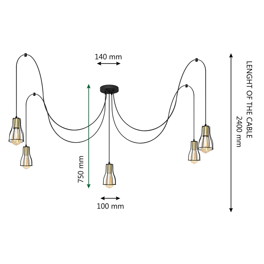 Kattokruunu johdossa TUBE LONG 5xE27/15W/230V musta/kulta