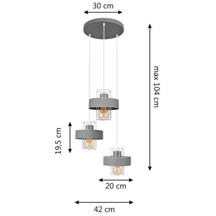 Kattokruunu johdossa VOLTA 3xE27/15W/230V halkaisija 42 cm harmaa